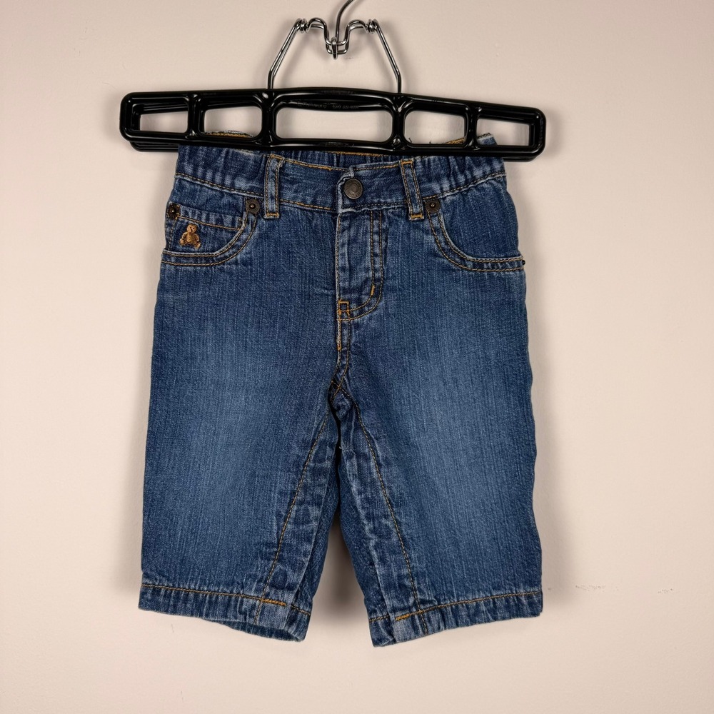 2004 Baby Gap Denim Shorts Blue Jersey Lined‎ Snap Inseam Brannan Bear 3-6 M